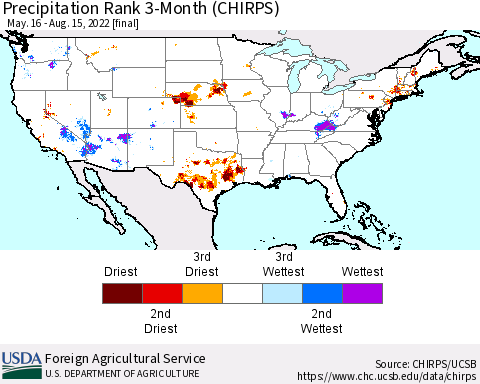 United States Precipitation Rank 3-Month (CHIRPS) Thematic Map For 5/16/2022 - 8/15/2022