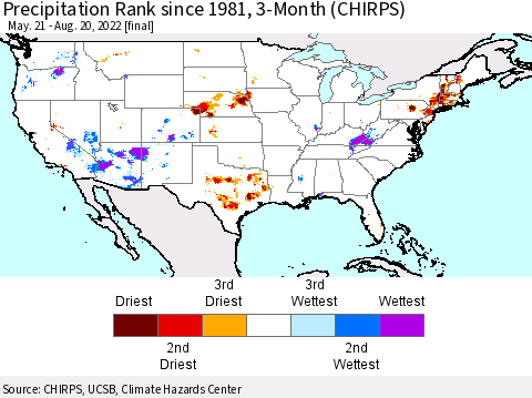 United States Precipitation Rank since 1981, 3-Month (CHIRPS) Thematic Map For 5/21/2022 - 8/20/2022