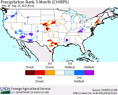 United States Precipitation Rank 3-Month (CHIRPS) Thematic Map For 5/26/2022 - 8/25/2022