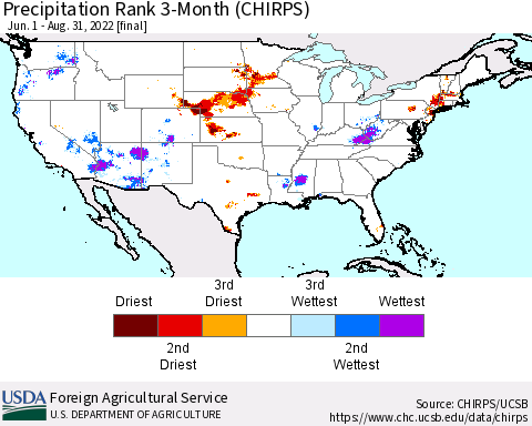 United States Precipitation Rank 3-Month (CHIRPS) Thematic Map For 6/1/2022 - 8/31/2022