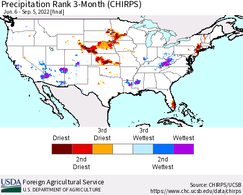 United States Precipitation Rank 3-Month (CHIRPS) Thematic Map For 6/6/2022 - 9/5/2022