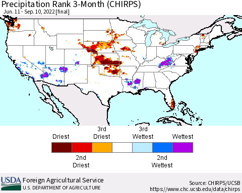United States Precipitation Rank since 1981, 3-Month (CHIRPS) Thematic Map For 6/11/2022 - 9/10/2022