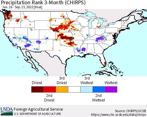 United States Precipitation Rank since 1981, 3-Month (CHIRPS) Thematic Map For 6/16/2022 - 9/15/2022