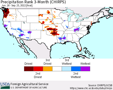 United States Precipitation Rank since 1981, 3-Month (CHIRPS) Thematic Map For 6/26/2022 - 9/25/2022