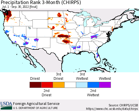 United States Precipitation Rank since 1981, 3-Month (CHIRPS) Thematic Map For 7/1/2022 - 9/30/2022