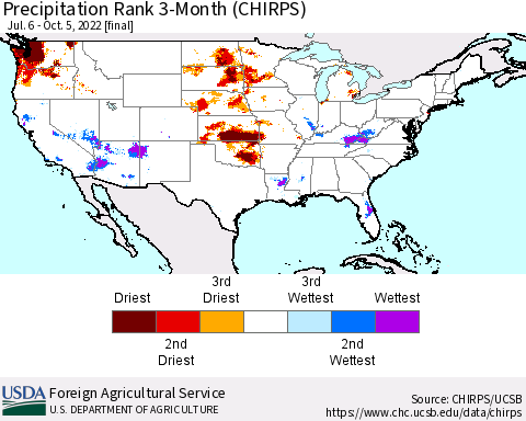 United States Precipitation Rank 3-Month (CHIRPS) Thematic Map For 7/6/2022 - 10/5/2022