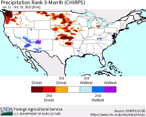 United States Precipitation Rank since 1981, 3-Month (CHIRPS) Thematic Map For 7/11/2022 - 10/10/2022