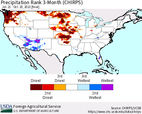 United States Precipitation Rank 3-Month (CHIRPS) Thematic Map For 7/21/2022 - 10/20/2022