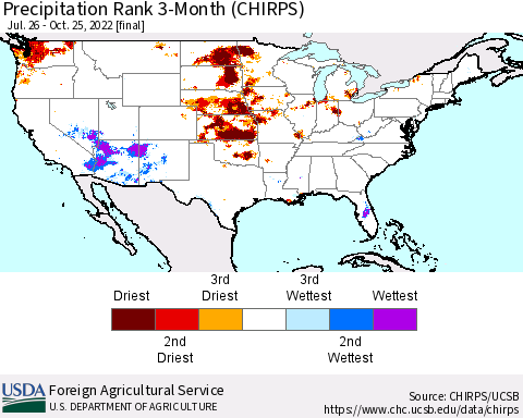 United States Precipitation Rank since 1981, 3-Month (CHIRPS) Thematic Map For 7/26/2022 - 10/25/2022