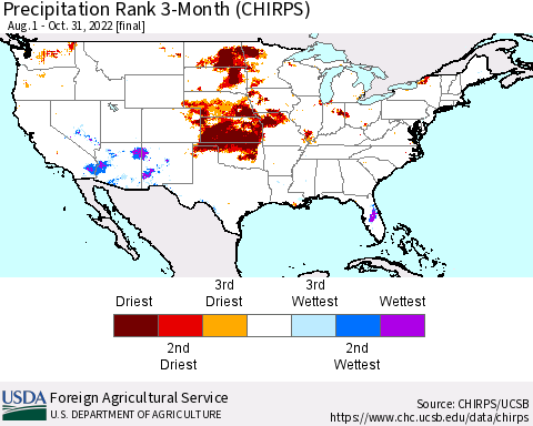 United States Precipitation Rank since 1981, 3-Month (CHIRPS) Thematic Map For 8/1/2022 - 10/31/2022
