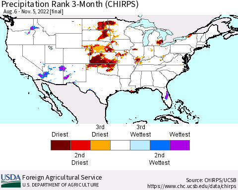 United States Precipitation Rank since 1981, 3-Month (CHIRPS) Thematic Map For 8/6/2022 - 11/5/2022