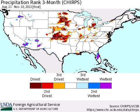 United States Precipitation Rank since 1981, 3-Month (CHIRPS) Thematic Map For 8/11/2022 - 11/10/2022