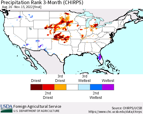 United States Precipitation Rank since 1981, 3-Month (CHIRPS) Thematic Map For 8/16/2022 - 11/15/2022