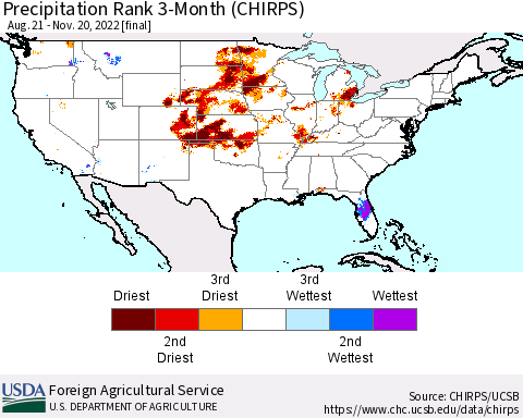 United States Precipitation Rank since 1981, 3-Month (CHIRPS) Thematic Map For 8/21/2022 - 11/20/2022