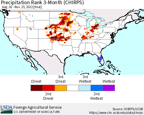 United States Precipitation Rank since 1981, 3-Month (CHIRPS) Thematic Map For 8/26/2022 - 11/25/2022