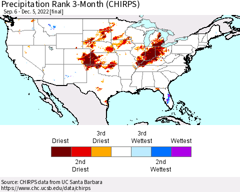 United States Precipitation Rank since 1981, 3-Month (CHIRPS) Thematic Map For 9/6/2022 - 12/5/2022