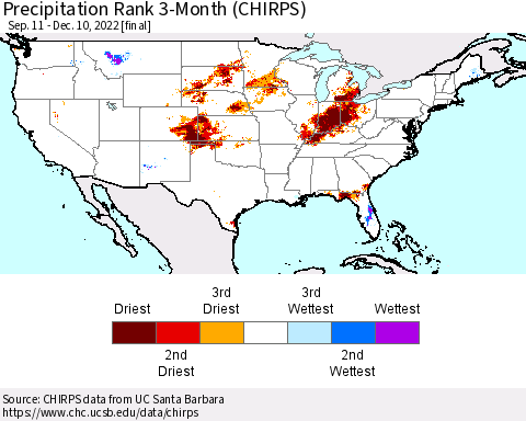 United States Precipitation Rank since 1981, 3-Month (CHIRPS) Thematic Map For 9/11/2022 - 12/10/2022