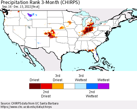 United States Precipitation Rank since 1981, 3-Month (CHIRPS) Thematic Map For 9/16/2022 - 12/15/2022