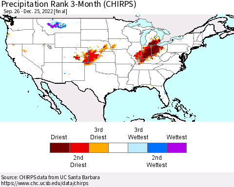 United States Precipitation Rank since 1981, 3-Month (CHIRPS) Thematic Map For 9/26/2022 - 12/25/2022