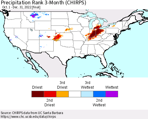 United States Precipitation Rank since 1981, 3-Month (CHIRPS) Thematic Map For 10/1/2022 - 12/31/2022