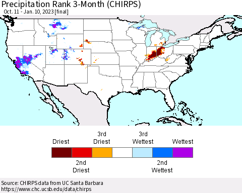 United States Precipitation Rank since 1981, 3-Month (CHIRPS) Thematic Map For 10/11/2022 - 1/10/2023