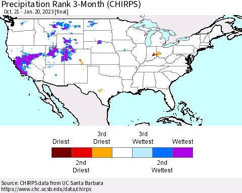 United States Precipitation Rank 3-Month (CHIRPS) Thematic Map For 10/21/2022 - 1/20/2023