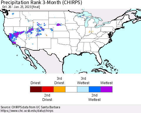 United States Precipitation Rank 3-Month (CHIRPS) Thematic Map For 10/26/2022 - 1/25/2023