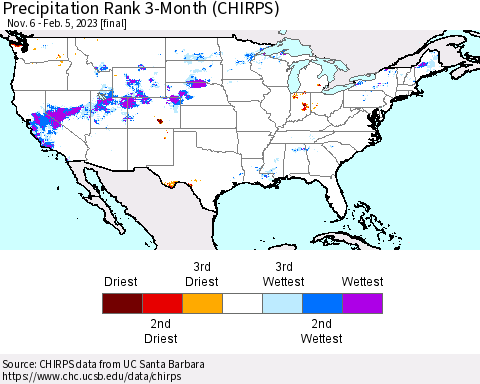 United States Precipitation Rank since 1981, 3-Month (CHIRPS) Thematic Map For 11/6/2022 - 2/5/2023