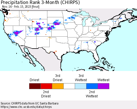 United States Precipitation Rank since 1981, 3-Month (CHIRPS) Thematic Map For 11/16/2022 - 2/15/2023