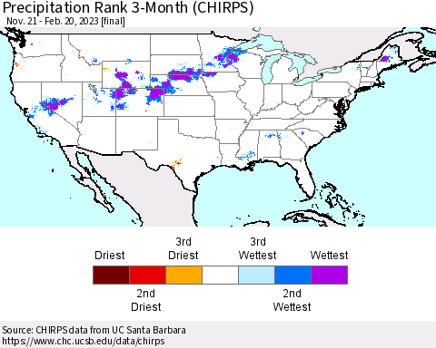 United States Precipitation Rank since 1981, 3-Month (CHIRPS) Thematic Map For 11/21/2022 - 2/20/2023