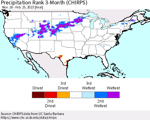 United States Precipitation Rank since 1981, 3-Month (CHIRPS) Thematic Map For 11/26/2022 - 2/25/2023