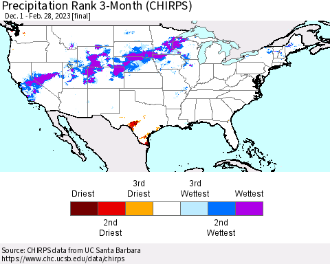 United States Precipitation Rank since 1981, 3-Month (CHIRPS) Thematic Map For 12/1/2022 - 2/28/2023