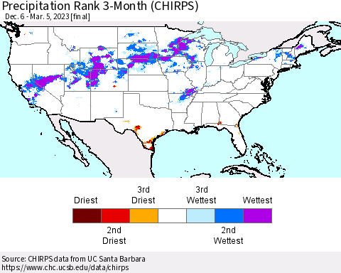 United States Precipitation Rank since 1981, 3-Month (CHIRPS) Thematic Map For 12/6/2022 - 3/5/2023
