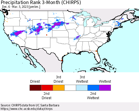 United States Precipitation Rank 3-Month (CHIRPS) Thematic Map For 12/6/2022 - 3/5/2023