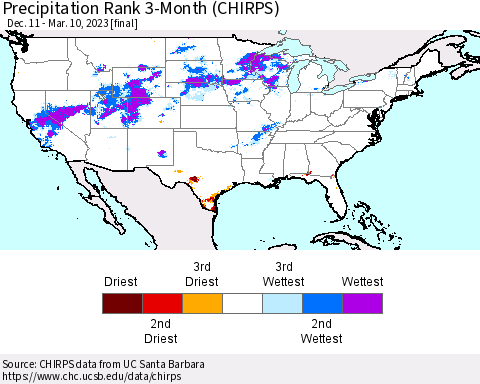 United States Precipitation Rank since 1981, 3-Month (CHIRPS) Thematic Map For 12/11/2022 - 3/10/2023