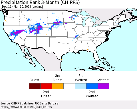 United States Precipitation Rank 3-Month (CHIRPS) Thematic Map For 12/11/2022 - 3/10/2023