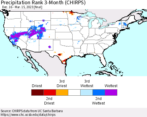 United States Precipitation Rank since 1981, 3-Month (CHIRPS) Thematic Map For 12/16/2022 - 3/15/2023