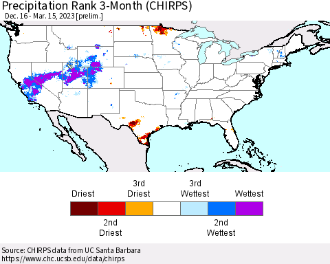 United States Precipitation Rank 3-Month (CHIRPS) Thematic Map For 12/16/2022 - 3/15/2023