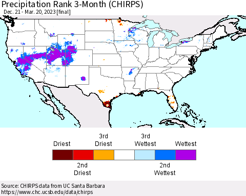 United States Precipitation Rank since 1981, 3-Month (CHIRPS) Thematic Map For 12/21/2022 - 3/20/2023