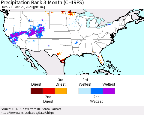 United States Precipitation Rank 3-Month (CHIRPS) Thematic Map For 12/21/2022 - 3/20/2023