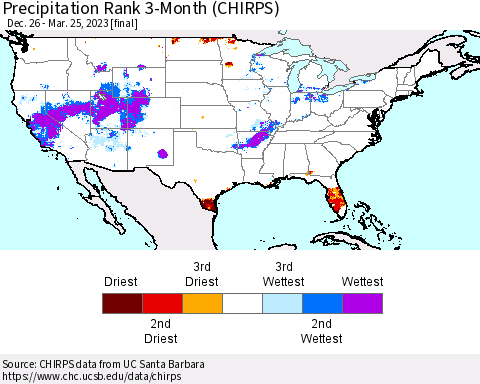 United States Precipitation Rank since 1981, 3-Month (CHIRPS) Thematic Map For 12/26/2022 - 3/25/2023