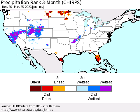 United States Precipitation Rank 3-Month (CHIRPS) Thematic Map For 12/26/2022 - 3/25/2023