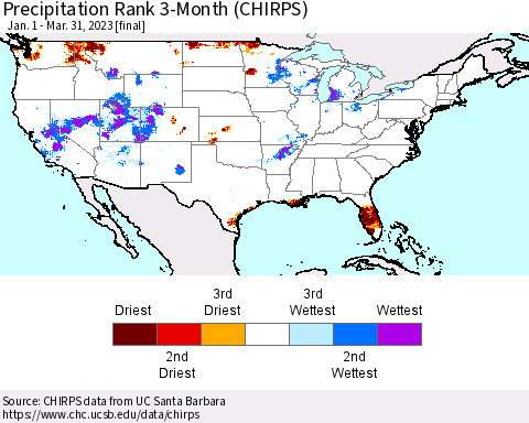 United States Precipitation Rank since 1981, 3-Month (CHIRPS) Thematic Map For 1/1/2023 - 3/31/2023
