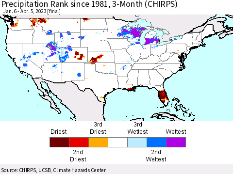 United States Precipitation Rank since 1981, 3-Month (CHIRPS) Thematic Map For 1/6/2023 - 4/5/2023