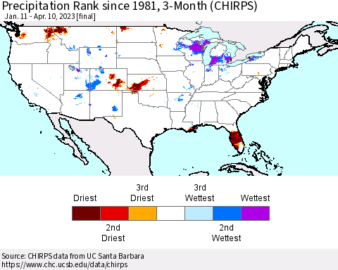 United States Precipitation Rank since 1981, 3-Month (CHIRPS) Thematic Map For 1/11/2023 - 4/10/2023