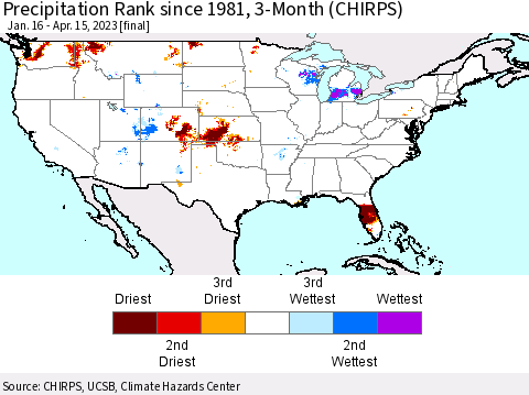 United States Precipitation Rank since 1981, 3-Month (CHIRPS) Thematic Map For 1/16/2023 - 4/15/2023