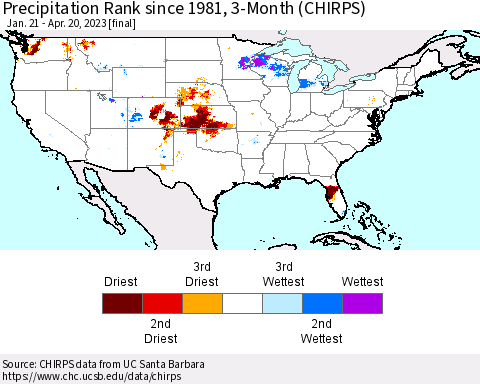 United States Precipitation Rank since 1981, 3-Month (CHIRPS) Thematic Map For 1/21/2023 - 4/20/2023