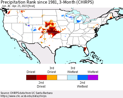 United States Precipitation Rank since 1981, 3-Month (CHIRPS) Thematic Map For 1/26/2023 - 4/25/2023