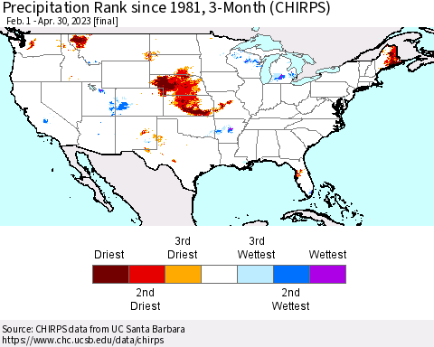 United States Precipitation Rank since 1981, 3-Month (CHIRPS) Thematic Map For 2/1/2023 - 4/30/2023