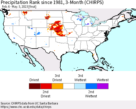 United States Precipitation Rank since 1981, 3-Month (CHIRPS) Thematic Map For 2/6/2023 - 5/5/2023
